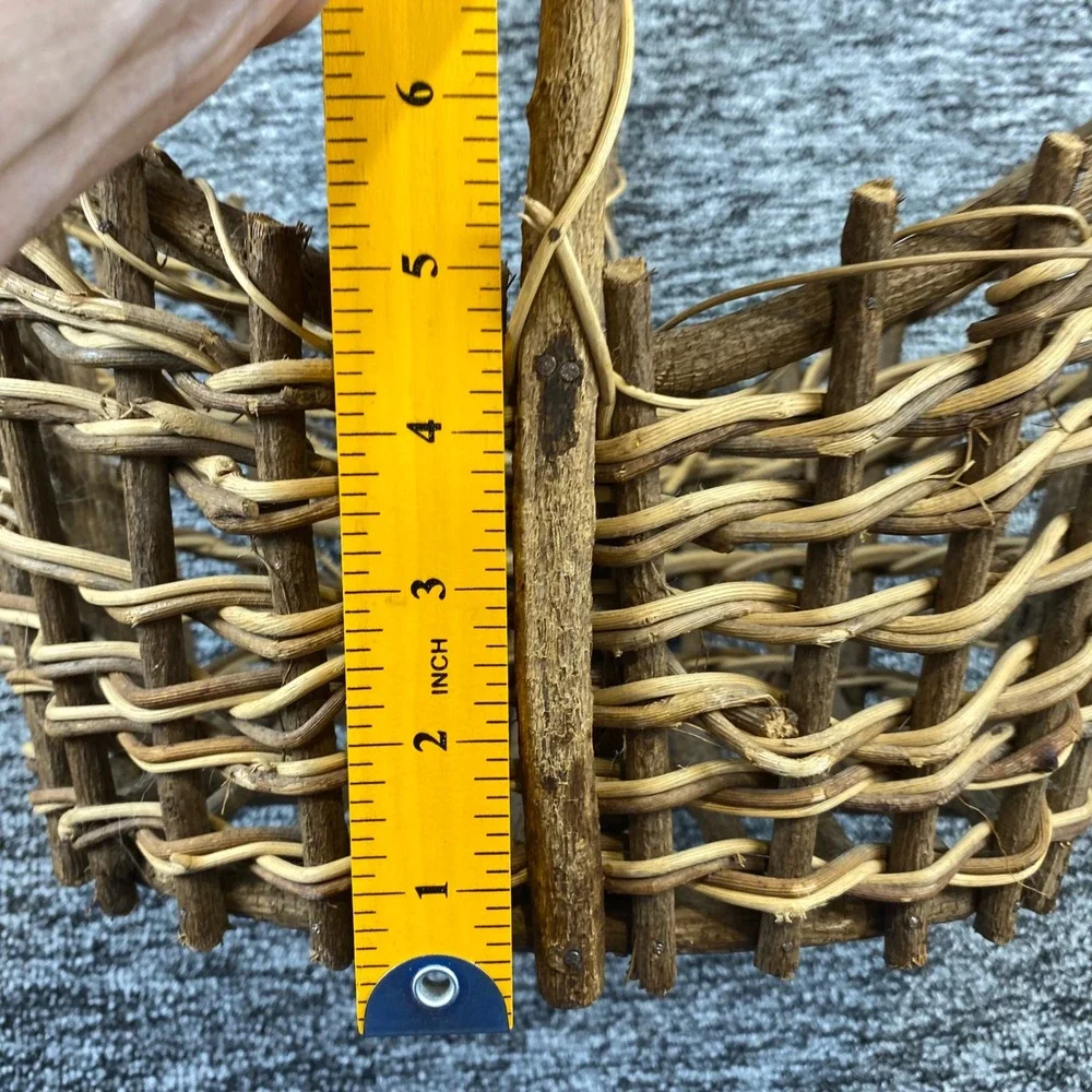 Old Rustic Twig Woven Basket Natural Vine Handle Folk Art Country Decor